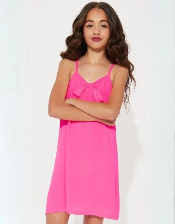 Bright Pink Bow-Tie Mini Sundress for Girls Front