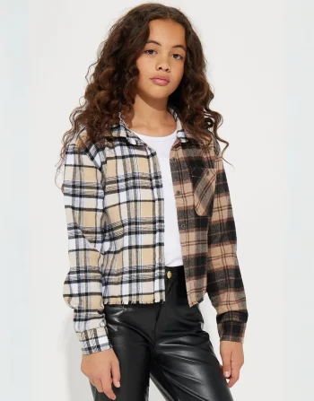 Girls' Two-Tone Plaid Drop Shoulder Flannel Shirt Black Front