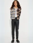 Girls’ Two-Tone Plaid Drop Shoulder Flannel Shirt Black Front