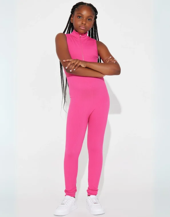 Ribbed Girls Seamless Fuchsia Jumpsuit - Sleeveless Zip-Up Bodysuit - Full