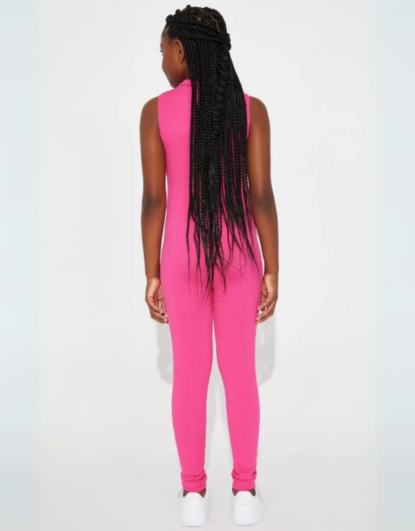 Ribbed Girls Seamless Fuchsia Jumpsuit - Sleeveless Zip-Up Bodysuit - Back
